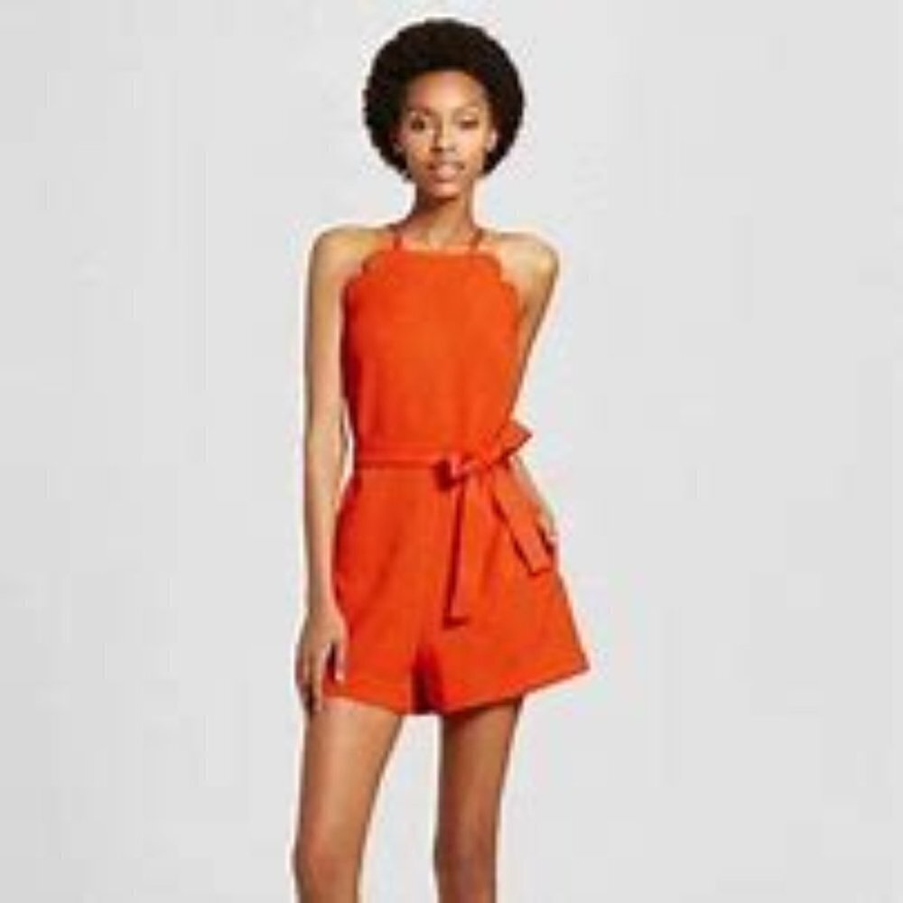 Victoria Beckham/Target Womens Romper Shorts Sz S Orange Belt Scallop Wide Leg